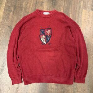 Vintage 80s 90s Novel Red Cotton Ski Crest Embroidered Grandpa Sweater